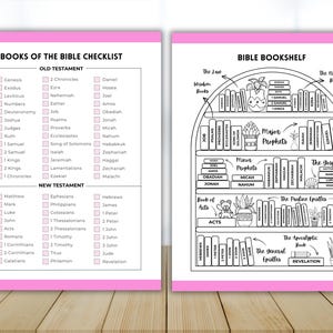 May include: A black and white printable checklist and bookshelf illustration of the books of the Bible. The checklist includes all the books of the Old and New Testaments. The bookshelf illustration shows the books of the Bible organized by category, including the Law, Wisdom Books, Major Prophets, Minor Prophets, Gospels, Pauline Epistles, General Epistles, and the Apocalyptic Book.