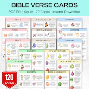 May include: A collection of 120 Bible verse cards with categories like Peace, Grief and Loss, Comfort, Healing, and Hope & Strength. Each card features a watercolor illustration and corresponding scripture. The cards are available as a PDF file for instant download.