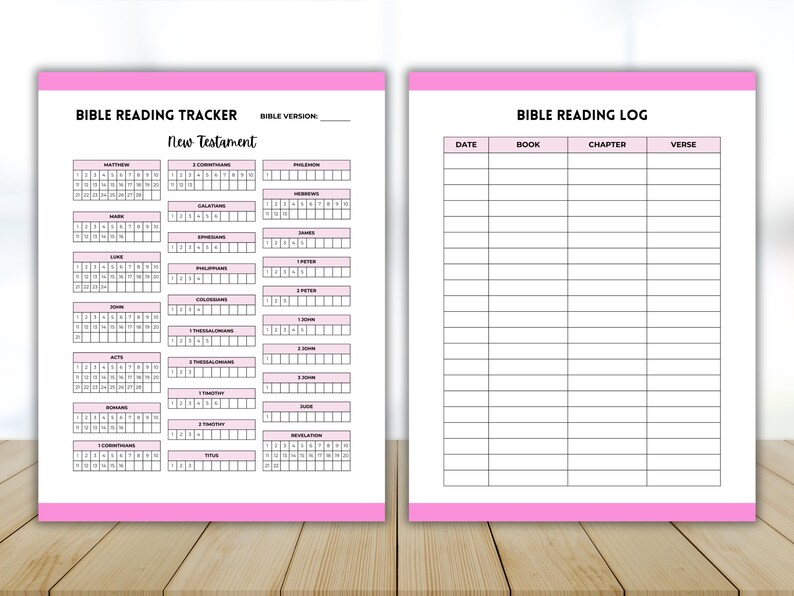 May include: A printable Bible reading tracker and log. The tracker includes a grid for each book of the New Testament. The log has columns for date, book, chapter, and verse.