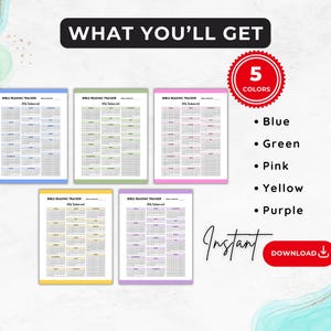 May include: Five printable Bible reading tracker pages in blue, green, pink, yellow, and purple. The text on the page reads "Bible Reading Tracker" and "2023 Calendar".  The text "Instant Download" is also visible.