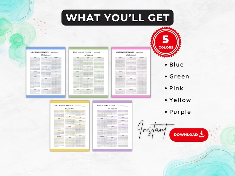May include: Five printable Bible reading tracker pages in blue, green, pink, yellow, and purple. The text on the page reads "Bible Reading Tracker" and "2023 Calendar".  The text "Instant Download" is also visible.