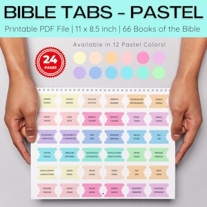May include: Printable Bible tabs in 12 pastel colors. The tabs are labeled with the names of the 66 books of the Bible. The printable PDF file is 11 x 8.5 inches and includes 24 pages.