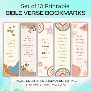 May include: Set of 10 printable bookmarks with colorful abstract designs and Bible verses. Each bookmark features a different verse, including "For my yoke is easy and my burden is light" (Matthew 11:30), "But seek first His kingdom and His righteousness" (Matthew 6:33), "For we walk by faith, not by sight" (2 Corinthians 5:7), "For the wages of sin is death, but the gift of God is eternal life in Christ Jesus our Lord" (Romans 6:23), and "In all your ways acknowledge Him, and He will make your paths straight" (Proverbs 3:6).