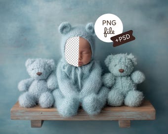 Blue Teddy Dream Newborn Face Insert Backdrop, Baby Prop Background, Digital Download, PSD Composite for Photography