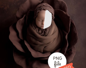 Newborn Face Insert Template, Brown Floral Baby Nest Backdrop, Flower Prop Digital Background, PSD Composite for Newborn Photography