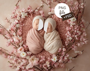 Twin Newborn Face Insert Digital Backdrop, Pink Spring Blossom Heart Shape Baby Photo Background, Faux Fur Nest, Sibling Photography Prop