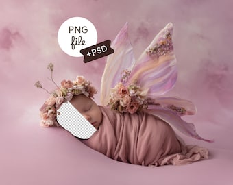 Floral Butterfly Newborn Face Insert Backdrop, Baby Prop Background, Digital Download, PSD Composite for Photography