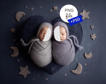 Twin Newborn Face Insert Digital Backdrop, Night Glow Heart Shape Baby Photo Background, Faux Fur Nest, Sibling Photography Prop