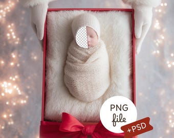 Newborn Face Insert Background, Christmas Baby Backdrop Santa’s Gift Bow, Cozy New Year Photography Prop, PSD, Digital Download