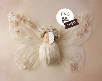 Floral Butterfly Newborn Face Insert Backdrop, Beige Baby Prop Background, Digital Download, PSD Composite for Photography