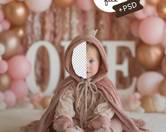 1st Birthday Baby Face Insert Backdrop, Princess Cake Smash Birthday Background, Children Photography Prop, PSD, Digital Download