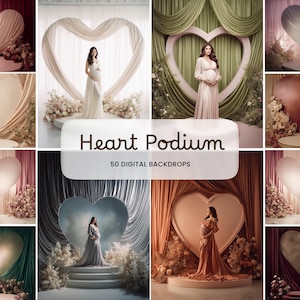 Puede incluir: Una colección de fondos digitales con podios en forma de corazón. Los fondos muestran varios colores, incluyendo rosa, blanco y marrón, con arreglos florales y telas drapeadas. El texto "Heart Podium" y "50 DIGITAL BACKDROPS" es visible.