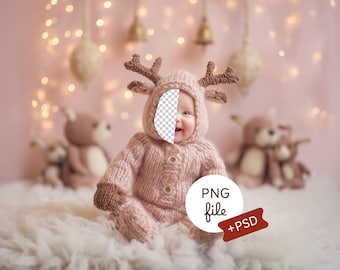 Fondo de reno navideño rosa para recién nacido, fondo para bebé, accesorio de fotografía beige acogedor para Año Nuevo, PSD, descarga digital