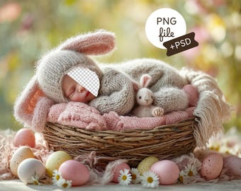 Easter Bunny Nest Newborn Face Insert Backdrop, Bunny Spring Photography Prop, Natural Floral PSD, Digital Download