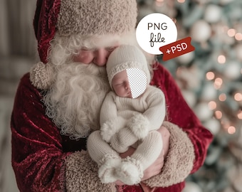 May include: Santa Claus holding a sleeping baby dressed in a white knitted outfit with matching hat and booties. Santa is wearing a red velvet suit and hat with white fur trim. The image includes the text "PNG file + PSD".
