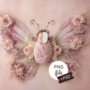 Könnte beinhalten: Ein neugeborenes Baby, eingewickelt in rosa Stoff, posiert als Körper eines Schmetterlings. Die Flügel bestehen aus rosa und weißem Stoff, verziert mit rosa und cremefarbenen Blumen. Der Hintergrund ist ein zartes Rosa.