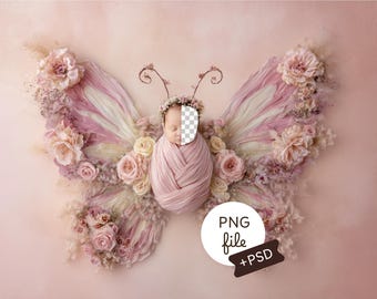 Floral Butterfly Newborn Face Insert Backdrop, Baby Prop Background, Digital Download, PSD Composite for Photography