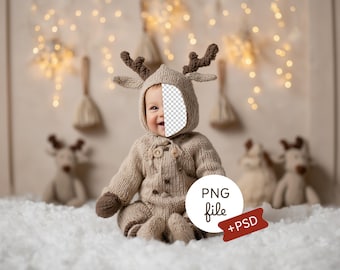 Fondo de reno navideño para recién nacido, fondo para bebé, accesorio de fotografía beige acogedor para Año Nuevo, PSD, descarga digital