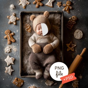 May include: A newborn baby wearing a knitted bear hat and outfit, nestled in a baking pan with gingerbread cookies and a rolling pin. The cookies are star, gingerbread man, and tree-shaped, dusted with powdered sugar. The image includes a "PNG file + PSD" graphic.