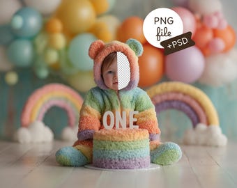 1st Birthday Baby Face Insert Backdrop, Rainbow Smash Cake Birthday Background, Children Photography Prop, PSD, Digital Download