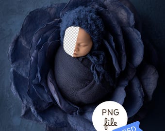 Clay Floral Deep Blue Baby Nest Backdrop – Newborn Face Insert Background, PSD, Digital Download