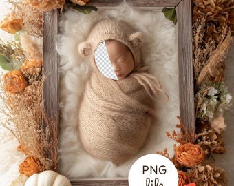 Newborn Face Insert Backdrop – Autumn  Floral Nest Baby Digital Background, Rustic Fall Photography Overlay for Photoshop, PSD PNG