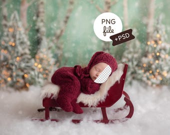 Fondo para insertar cara de recién nacido, fondo navideño para bebé con trineo rojo, accesorio acogedor para fotografía de Año Nuevo, PSD, descarga digital