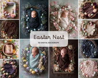 50 Baby Easter Nest Backdrop Set: Newborn Spring Floral Digital Backgrounds Fine Art Textures Portrait Overlays for Baby Photography