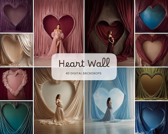 Heart Cut-Out Wall Backgrounds Set: Valentines Day Digital Maternity Backdrops for Studio & Photography, Romantic Satin Velvet