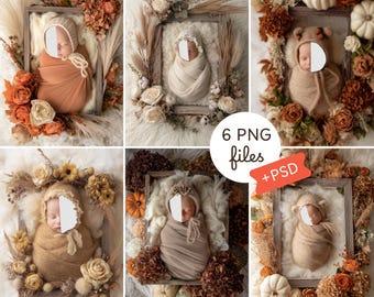 6 Digital Baby Backdrops Bundle – Autumn Floral Nest Newborn Face Insert PSD + PNG, Rustic Fall Photography Overlays for Photoshop