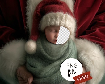 Fondo navideño para bebé con brazos de Papá Noel: fondo acogedor con inserto de cara de recién nacido, accesorio verde para fotografía de Año Nuevo para recién nacidos, diseño digital PSD