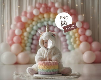 Unicorn Rainbow Birthday Background, 1st Birthday Baby Face Insert Backdrop, Children Photography Prop, PSD, Digital Download