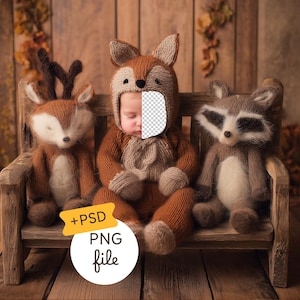 May include: A baby wearing a fox costume sits on a wooden bench between a deer and a raccoon plush toy. The fox costume is brown with a hood. The deer is brown and white, and the raccoon is gray and white. The background is a wooden wall.