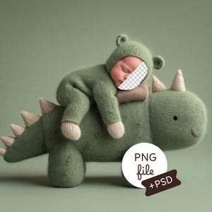 May include: A newborn baby in a green knitted dinosaur costume with a matching hat, lying on a large green knitted dinosaur toy. The dinosaur has beige spikes and horns. The image includes a PNG file and PSD file logo.