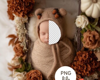 Autumn Newborn Face Insert Backdrop – Floral Nest Baby Digital Background, Rustic Fall Photography Overlay for Photoshop, PSD PNG