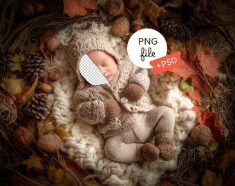 Face Insert Backdrop, Autumn Newborn Digital Backdrop, Fall Leaves Photography Prop, Baby Background PSD, Digital Download