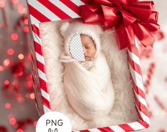 Fondo navideño para bebé con lazo de regalo de Papá Noel, fondo para insertar cara de recién nacido, accesorio acogedor para fotografía de Año Nuevo, PSD, descarga digital