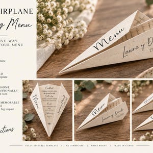 Pode incluir: Um modelo de menu de casamento em forma de avião de papel bege com texto preto. O design apresenta a palavra Menu, os nomes Laura y Davide e a data 21/06/2025. O modelo é editável no Canva, projetado para impressão A5 horizontal e download imediato.