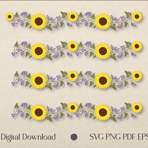 Pode incluir: Quatro linhas de clipart digital com uma guirlanda de girassóis e flores roxas. A imagem inclui o texto "Download digital" e "SVG PNG PDF EPS".