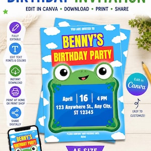Pode incluir: Um modelo de convite de aniversário editável com céu azul, nuvens brancas e um sapo verde segurando uma placa. O texto diz Benny's Birthday Party, 16 de abril, 16h, 123 Anywhere St., Any City, ST 12345. Inclui tamanho A5 de 14,8 x 21 cm.