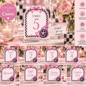 Pink Tunning Car Table Numbers & Signs, Editable Canva Template, Girl Baby Shower Table Decor, Racing Birthday Party Signs, Printable