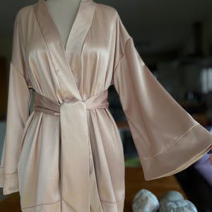 Beige Heavy Satin Kimono Robe: Short Silky Loungewear