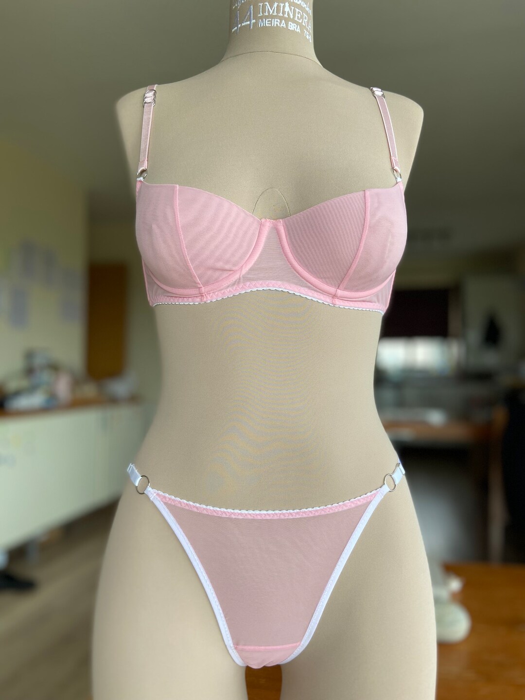 Rhinestone Mesh Wrap Bra Skirt Thong Set Baby Pink