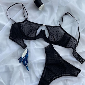 Lingerie set in black polka dots Bra and panties set Black polka dots lingerie Bra with clasp on cups Polka dots underwear Handmade lingerie