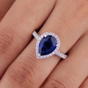 2.18CT Pear Cut Blue Sapphire Halo Ring, Moissanite Diamond Engagement Ring, Gold Silver Wedding Band, Bridal Anniversary Gift for Her