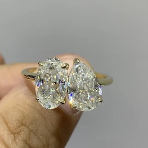 Moissanite Toi Et Moi Ring: Pear & Oval Cut, Gold Anniversary Ring