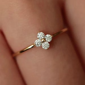 Four Leaf Clover Ring, Solid Gold Ring, Lucky Ring, Minimalist Flower Ring, Thin Band Ring, 4 Stone Ring, Stacking Ring, Gift for Her