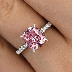 Pink Stone Cushion Cut Engagement Ring  Silver Stunning Moissanite Hidden Halo Ring Wedding Ring Anniversary or Valentine Gift Ring for Her