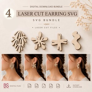 Pacchetto di file SVG per orecchini in legno, set di 4 file di taglio laser Matisse Boho, orecchini astratti per Glowforge, xTool, Cricut, modello per orecchini, Dxf Pdf