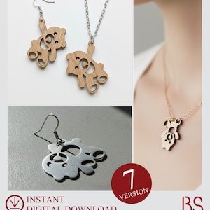 May include: A set of wooden and metallic bear-shaped jewelry including earrings and a necklace pendant. The image displays the bear design in various materials and includes text stating INSTANT DIGITAL DOWNLOAD SVG EPS PDF AI DFX 7 VERSION BS.